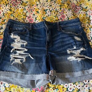 American Eagle Outfitters Dark Blue Distressed Roll-Cuff Jean Shorts
